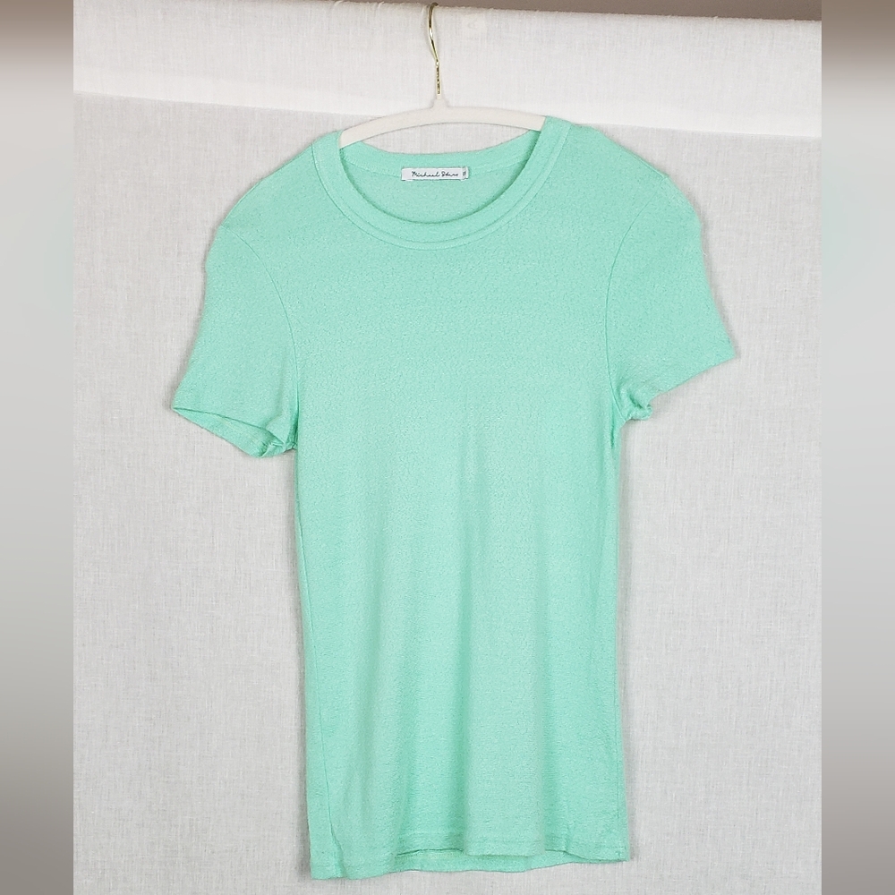 Michael Stars OS Blouse Top Shiny Metallic Aqua Green Casual Stretchy Summer USA